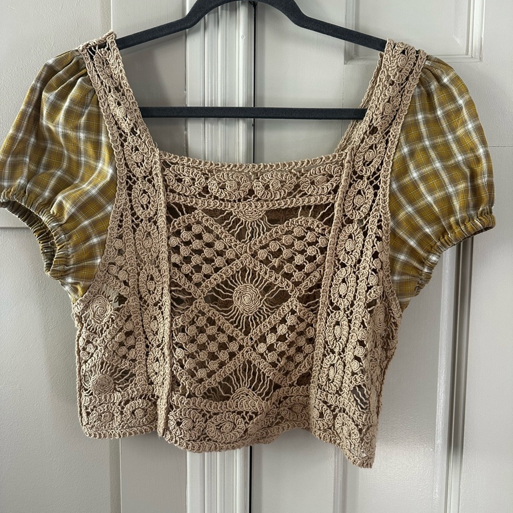 Listicle Tan Crochet and Plaid Crop Top